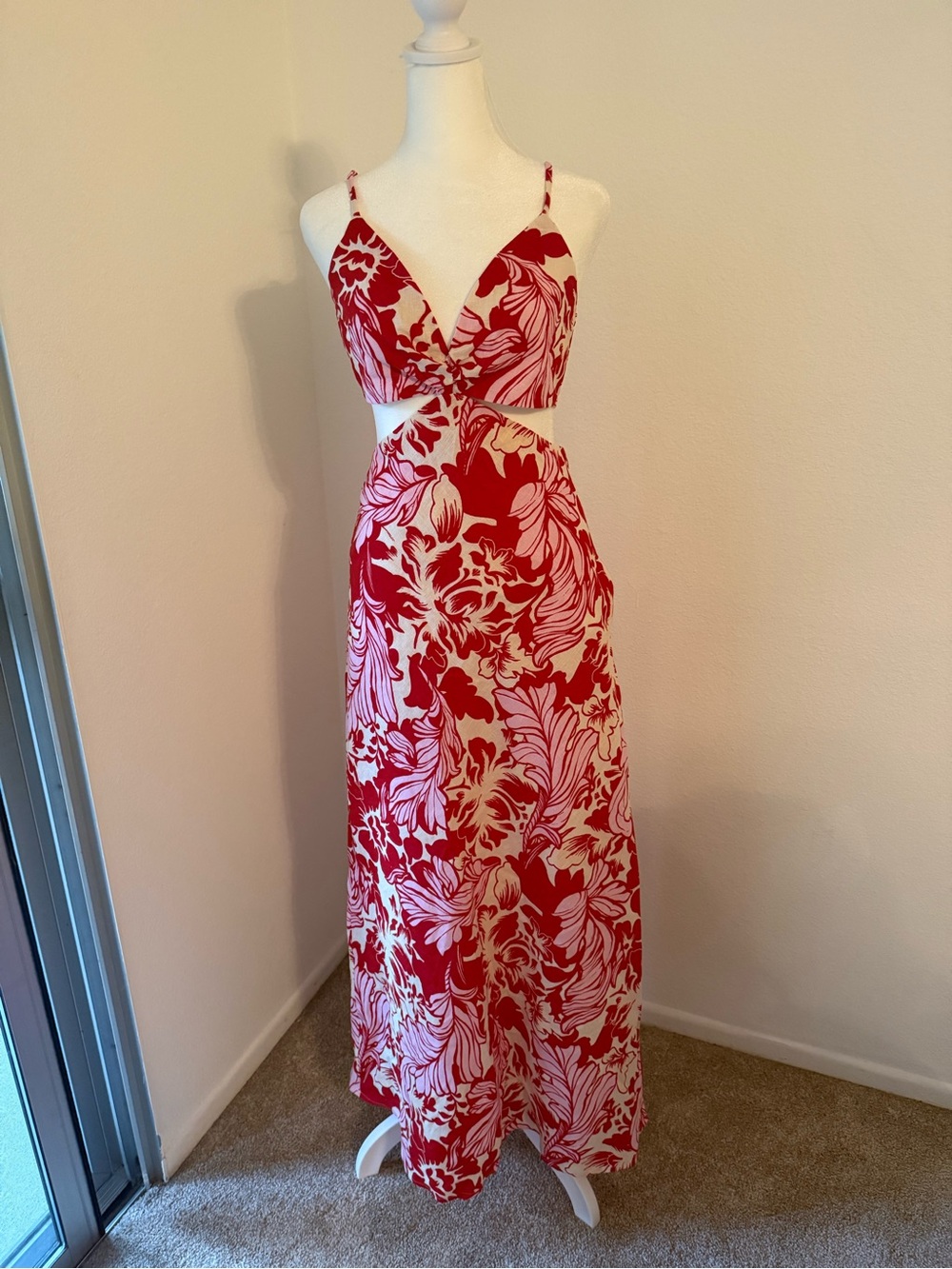 Red & Cream Floral Cutout Maxi Dress